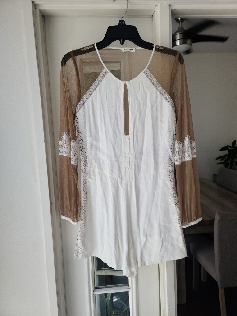Epic Spot  White Romper with Sheer Brown Embroidered Sleeves